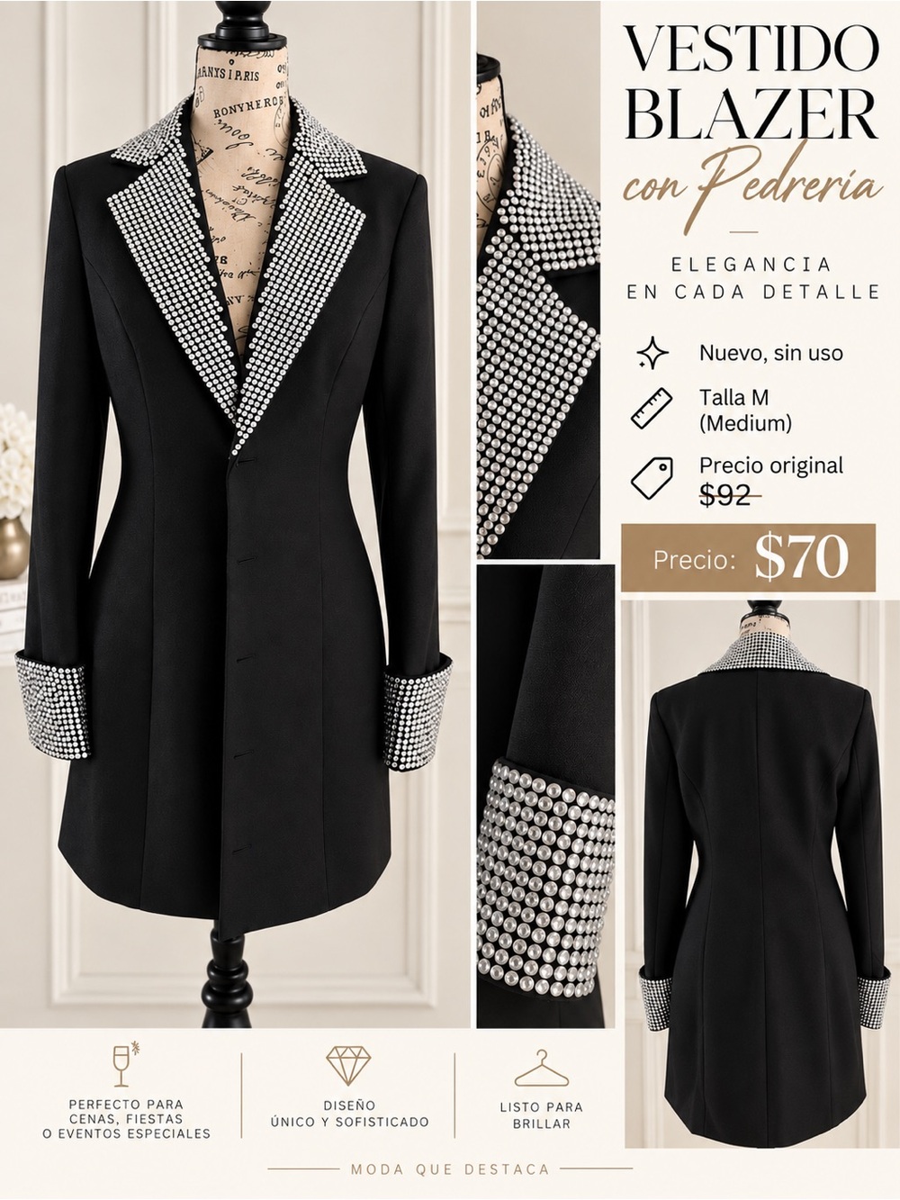 Black Embellished Blazer Dress with Rhinestone Trim